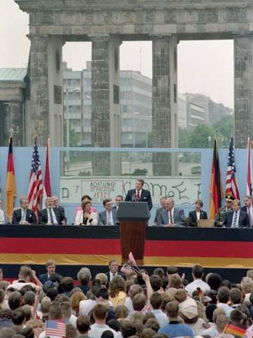 Brandenberg Gate Speech Reagan giving speech at the Brandenberg Gate